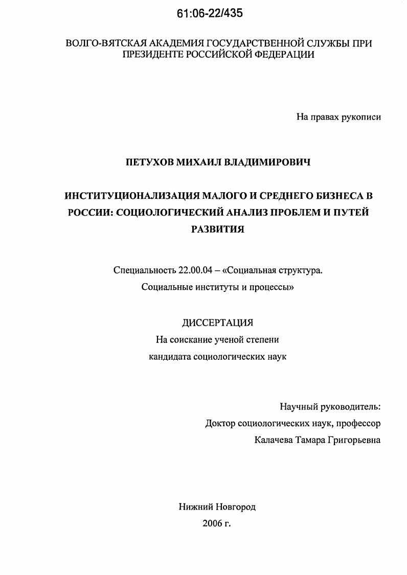 Институционализация малого и среднего бизнеса в России: социологический анализ проблем и путей развития