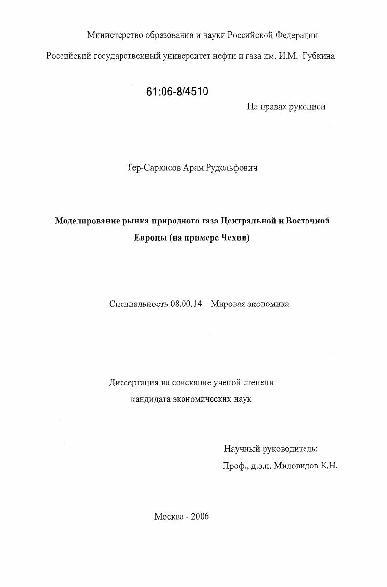 Моделирование рынка природного газа Центральной и Восточной Европы : на примере Чехии