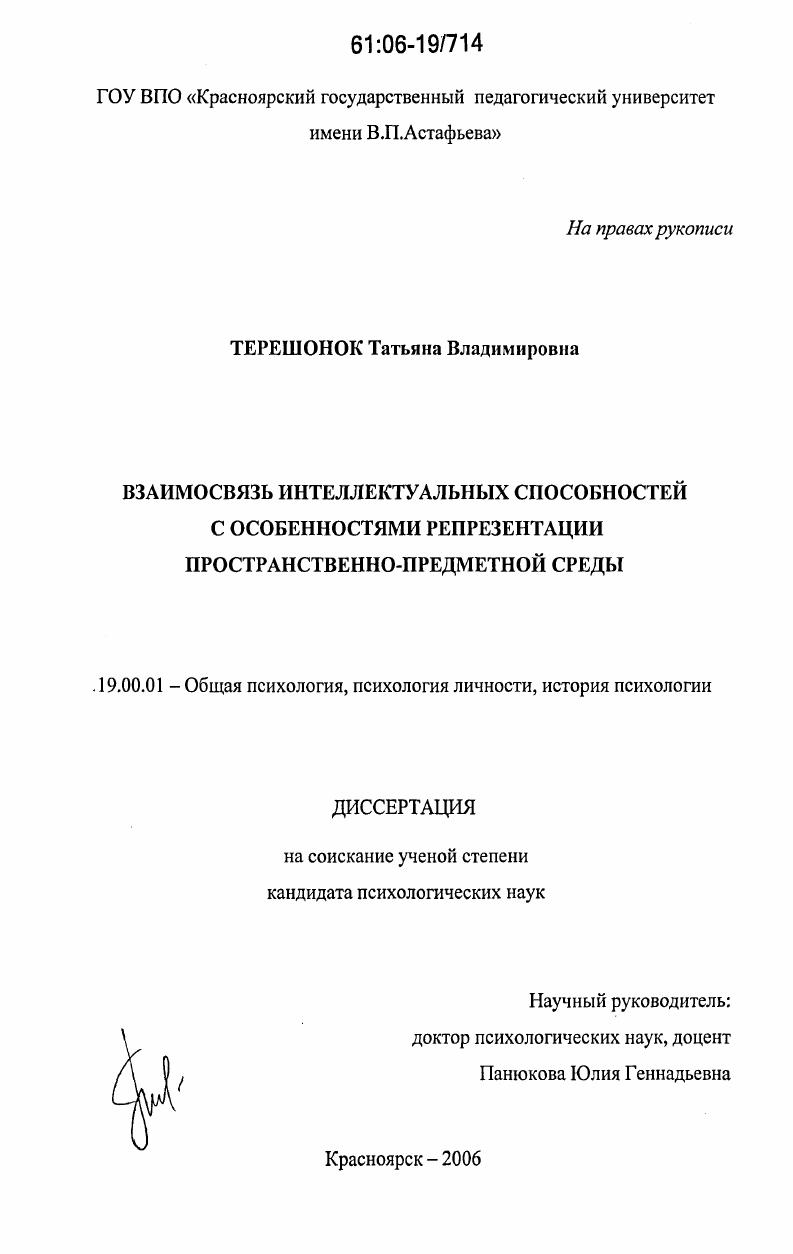 Взаимосвязь интеллектуальных способностей с особенностями репрезентации пространственно-предметной среды