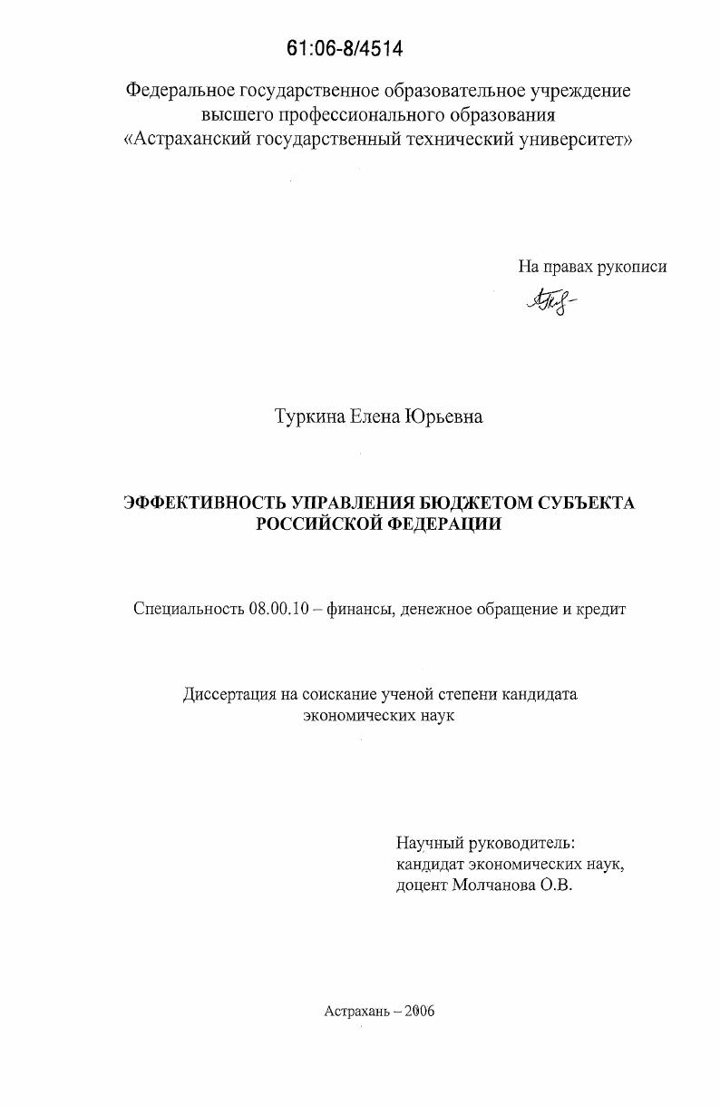 Эффективность управления бюджетом субъекта Российской Федерации