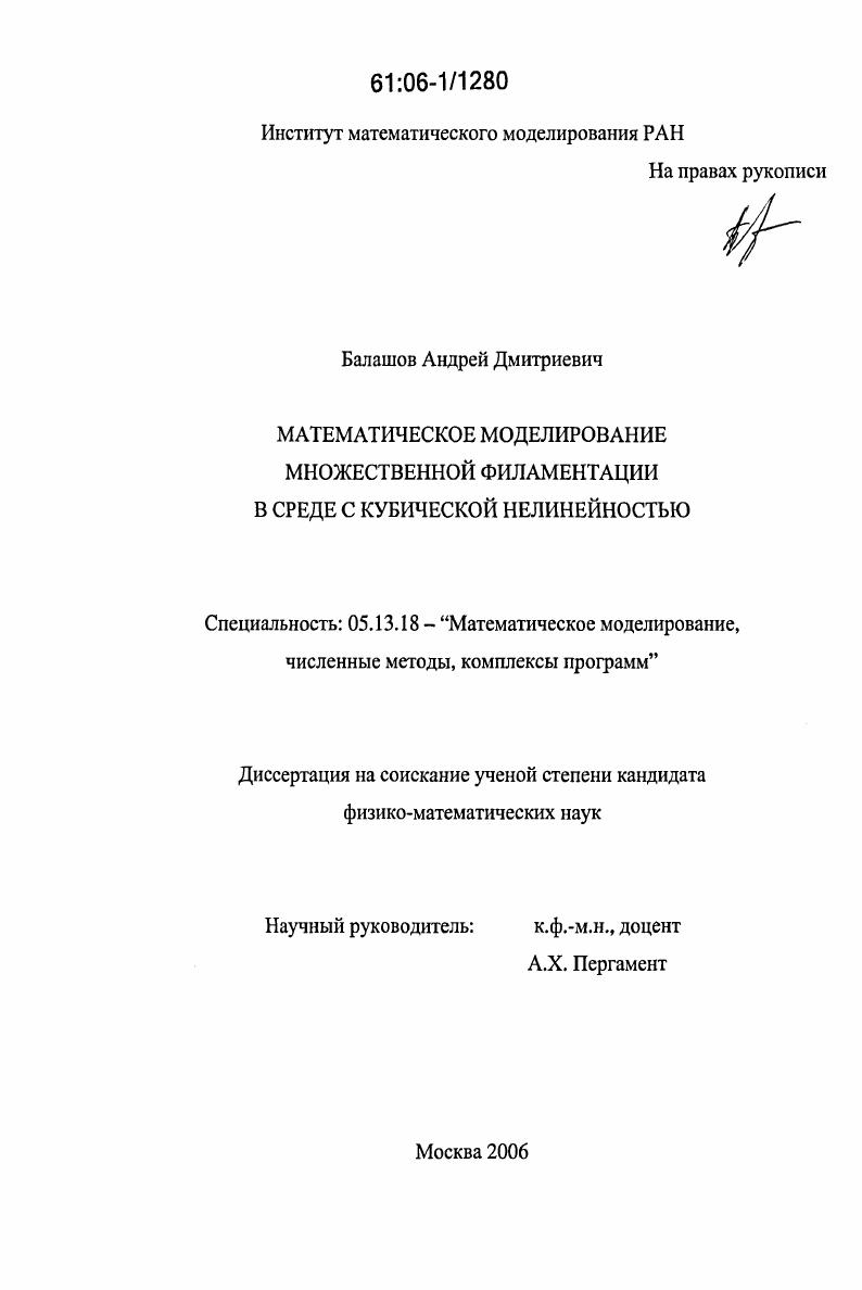 Математическое моделирование множественной филаментации в среде с кубической нелинейностью