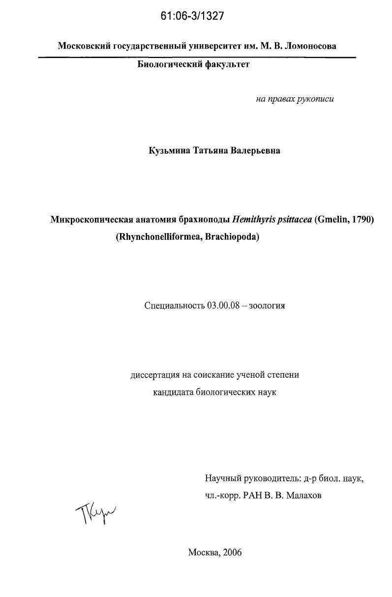 Микроскопическая анатомия брахиоподы Hemithyris psittacea (Gmelin, 1790) (Rhynchonelliformea, Brachiopoda)