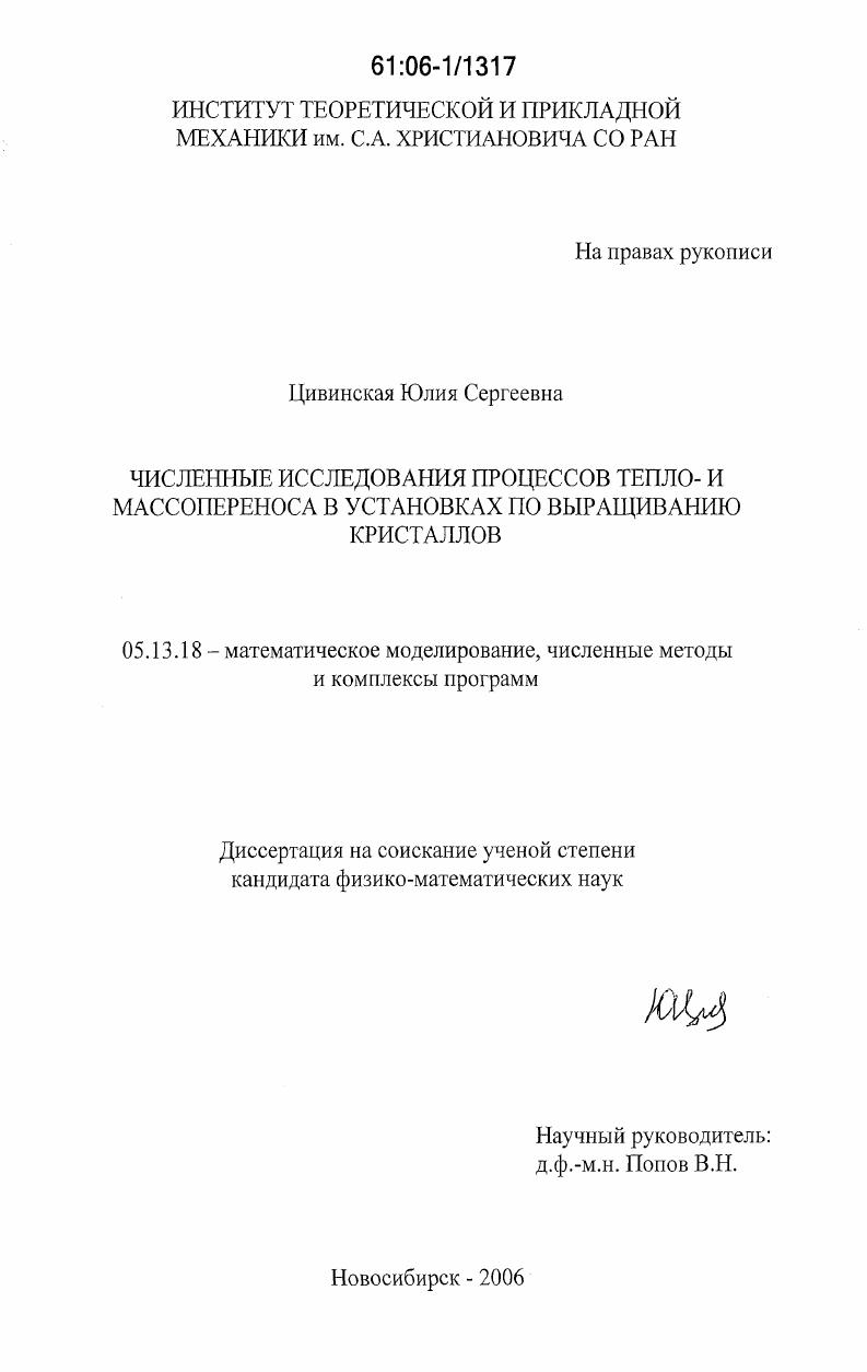 скачать диссертацию Численные исследования процессов тепло- и массопереноса в установках по выращиванию кристаллов Численные исследования процессов тепло- и массопереноса в установках по выращиванию кристаллов