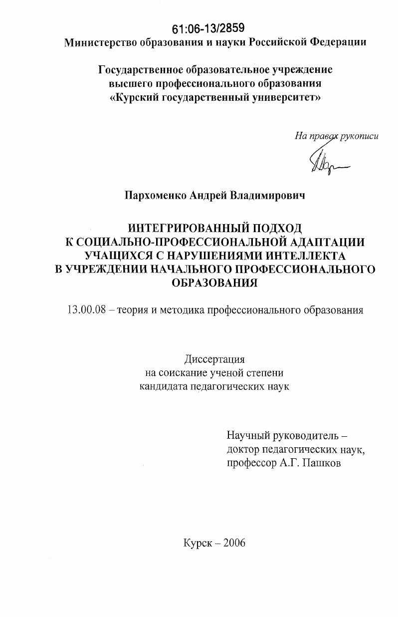 Интегрированный подход к социально-профессиональной адаптации учащихся с нарушениями интеллекта в учреждении начального профессионального образования