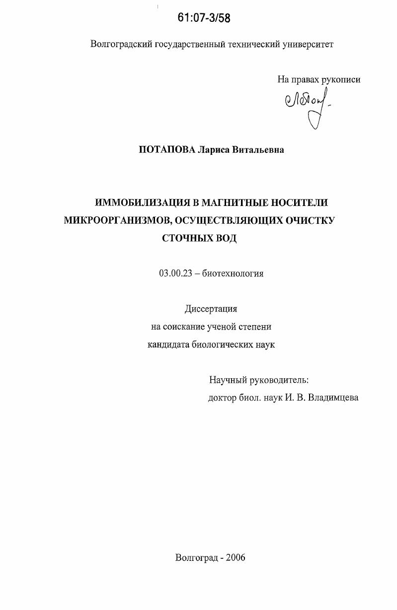 скачать диссертацию Иммобилизация в магнитные носители микроорганизмов, осуществляющих очистку сточных вод Иммобилизация в магнитные носители микроорганизмов, осуществляющих очистку сточных вод