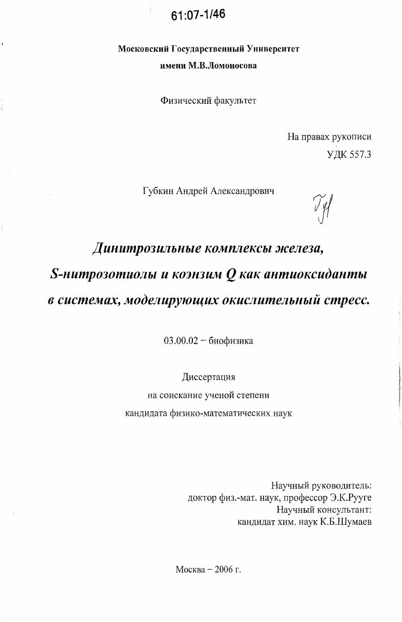 Динитрозильные комплексы железа, S-нитрозотиолы и коэнзим Q как антиоксиданты в системах, моделирующих окислительный стресс