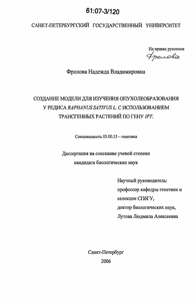 Создание модели для изучения опухолеобразования у редиса Raphanus sativus L. с использованием трансгенных растений по гену IPT