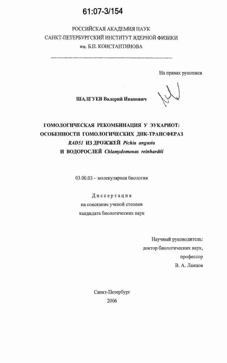 Гомологическая рекомбинация у эукариот : Особенности гомологических ДНК-трансфераз RAD51 из дрожжей Pichia angusta и водорослей Chlamydomonas reinhardtii