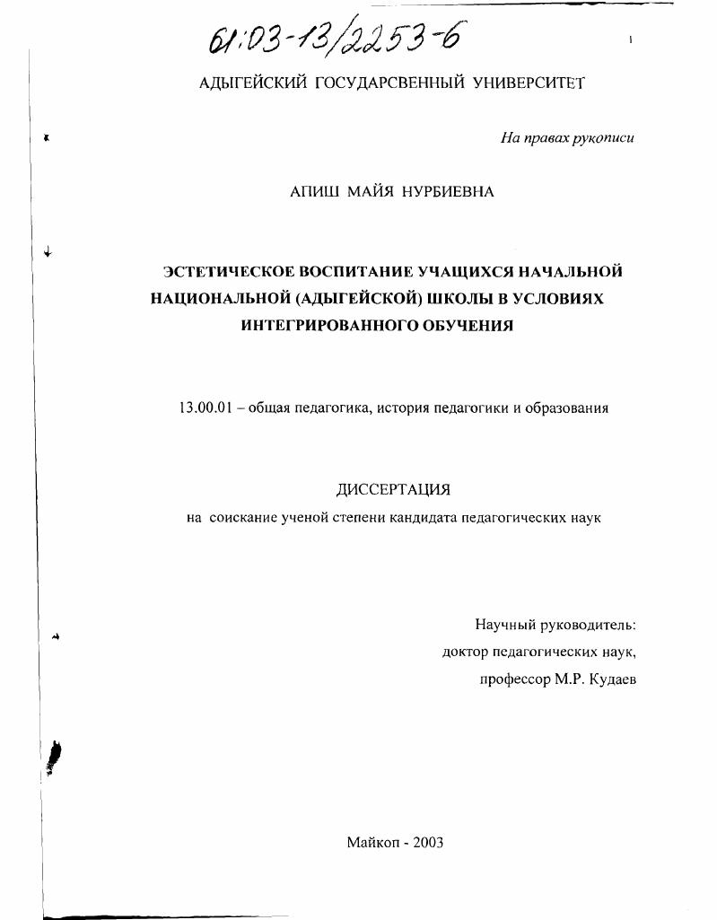 скачать диссертацию Эстетическое воспитание учащихся начальной национальной(адыгской) школы в условиях интеграционного обучения Эстетическое воспитание учащихся начальной национальной(адыгской) школы в условиях интеграционного обучения