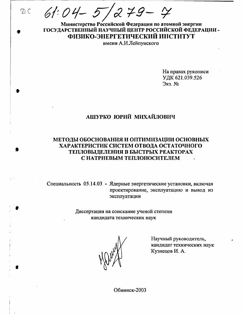Методы обоснования и оптимизации основных характеристик систем отвода остаточного тепловыделения в быстрых реакторах с натриевым теплоносителем