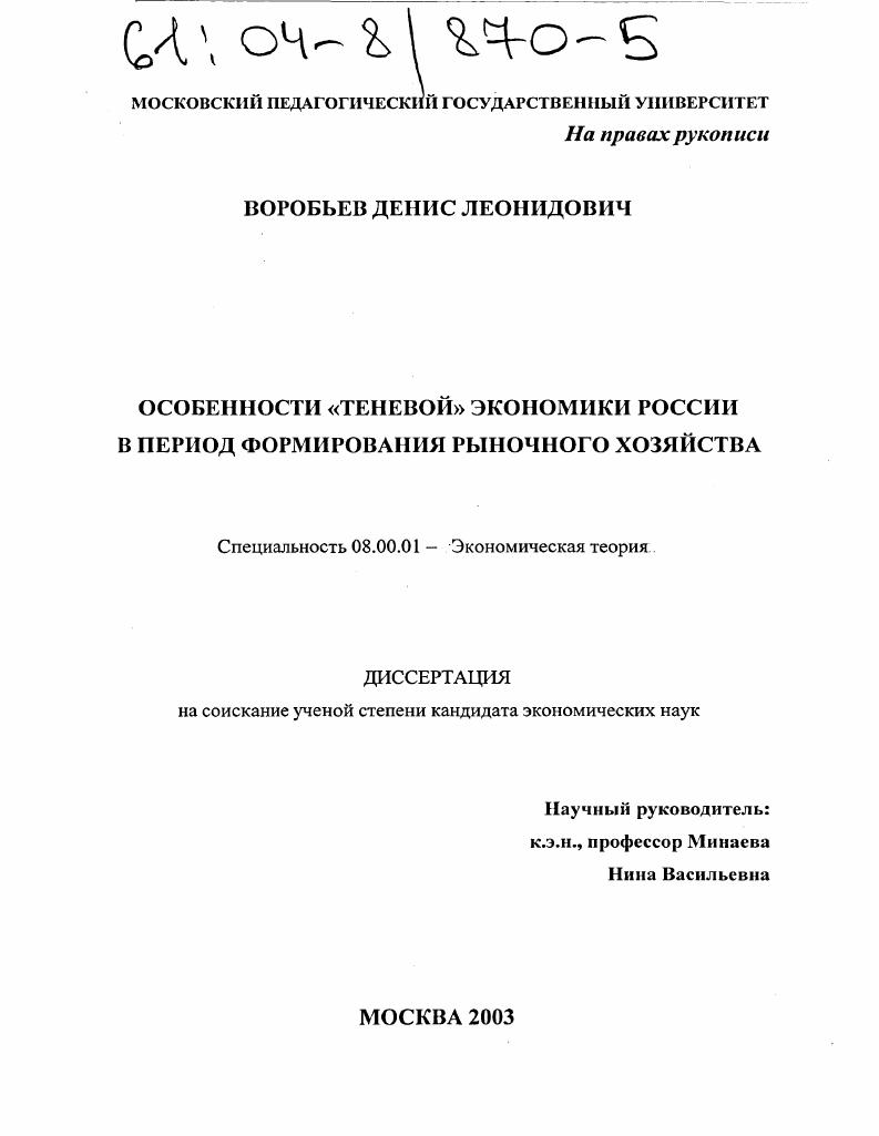 Особенности "теневой" экономики России в период формирования рыночного хозяйства