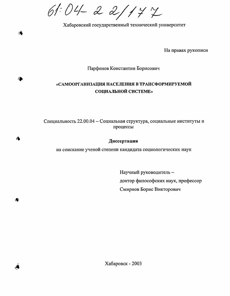 Самоорганизация населения в трансформируемой социальной системе