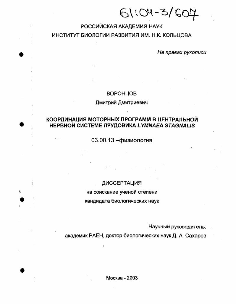 скачать диссертацию Координация моторных программ в центральной нервной системе прудовика Lymnaea Stagnalis Координация моторных программ в центральной нервной системе прудовика Lymnaea Stagnalis