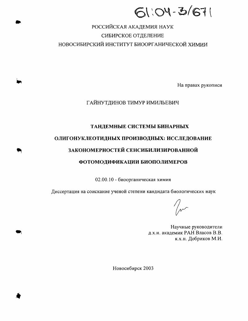 Тандемные системы бинарных олигонуклеотидных производных: исследование закономерностей сенсибилизированной фотомодификации биополимеров