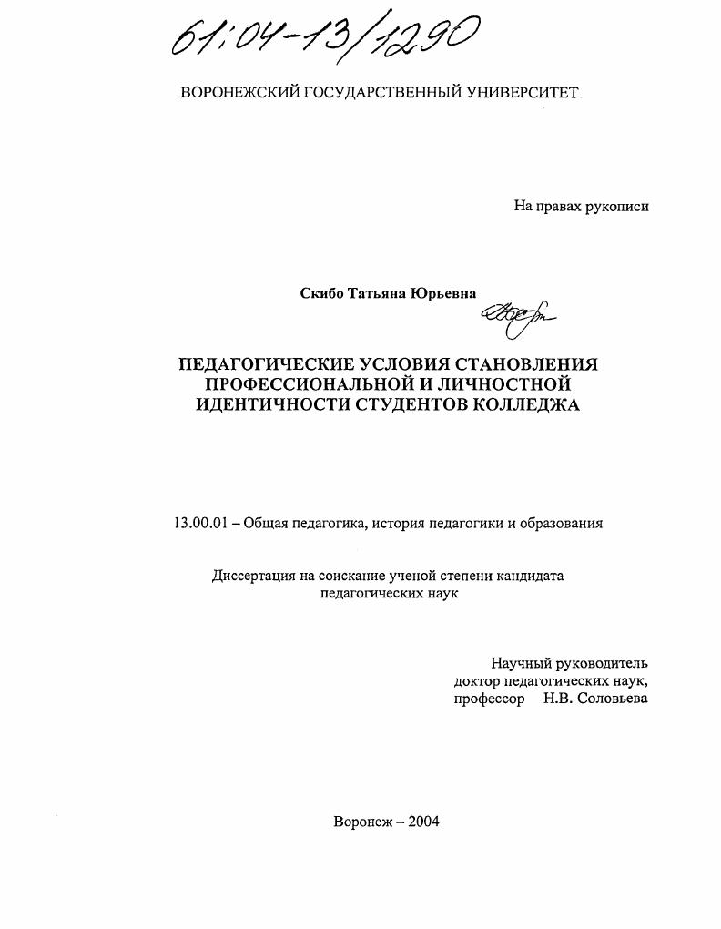 Педагогические условия становления профессиональной и личностной идентичности студентов колледжа