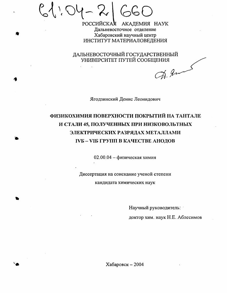 Физикохимия поверхности покрытий на тантале и стали 45, полученных при низковольтных электрических разрядах металлами IVБ-VIБ групп в качестве анодов
