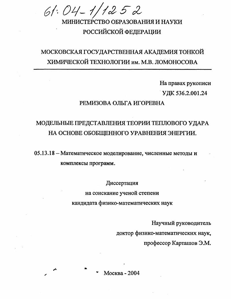 Модельные представления теории теплового удара на основе обобщенного уравнения энергии