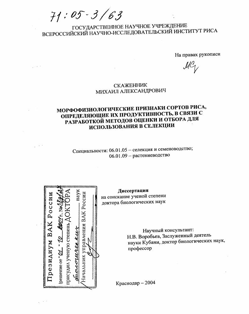 Морфофизиологические признаки сортов риса, определяющие их продуктивность, в связи с разработкой методов оценки и отбора для использования в селекции