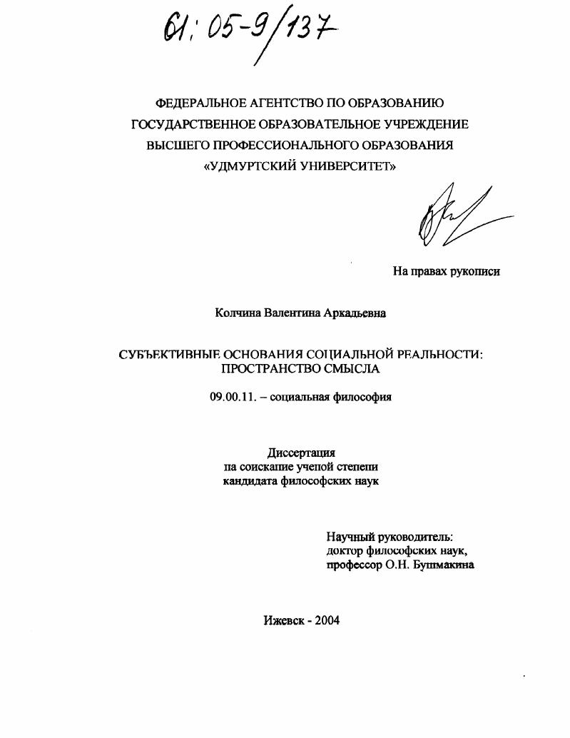 Субъективные основания социальной реальности: пространство смысла