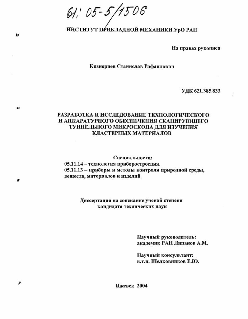 Разработка и исследование технологического и аппаратурного обеспечения сканирующего туннельного микроскопа для изучения кластерных материалов
