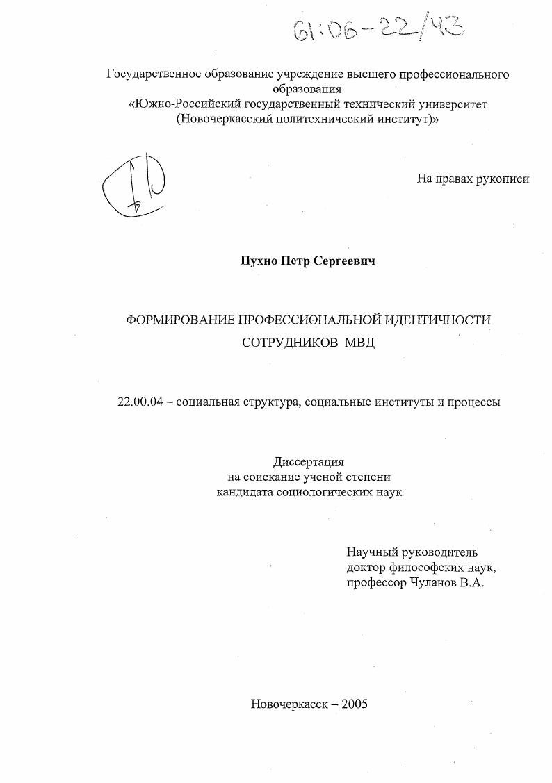 скачать диссертацию Формирование профессиональной идентичности сотрудников МВД Формирование профессиональной идентичности сотрудников МВД
