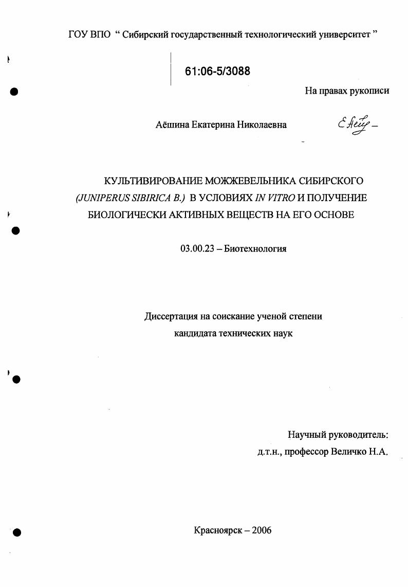 Культивирование можжевельника сибирского (Juniperus sibirica B.) в условиях in vitro и получение биологически активных веществ на его основе