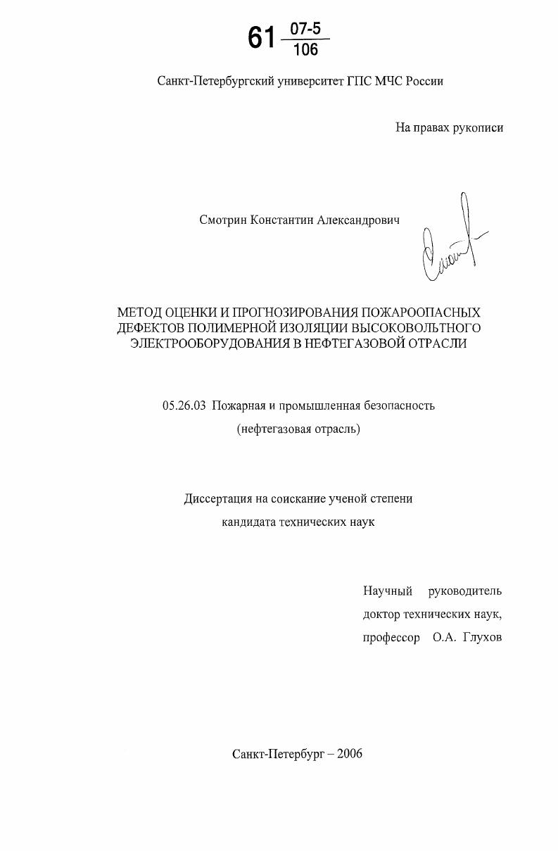 скачать диссертацию Метод оценки и прогнозирования пожароопасных дефектов полимерной изоляции высоковольтного электрооборудования в нефтегазовой отрасли Метод оценки и прогнозирования пожароопасных дефектов полимерной изоляции высоковольтного электрооборудования в нефтегазовой отрасли