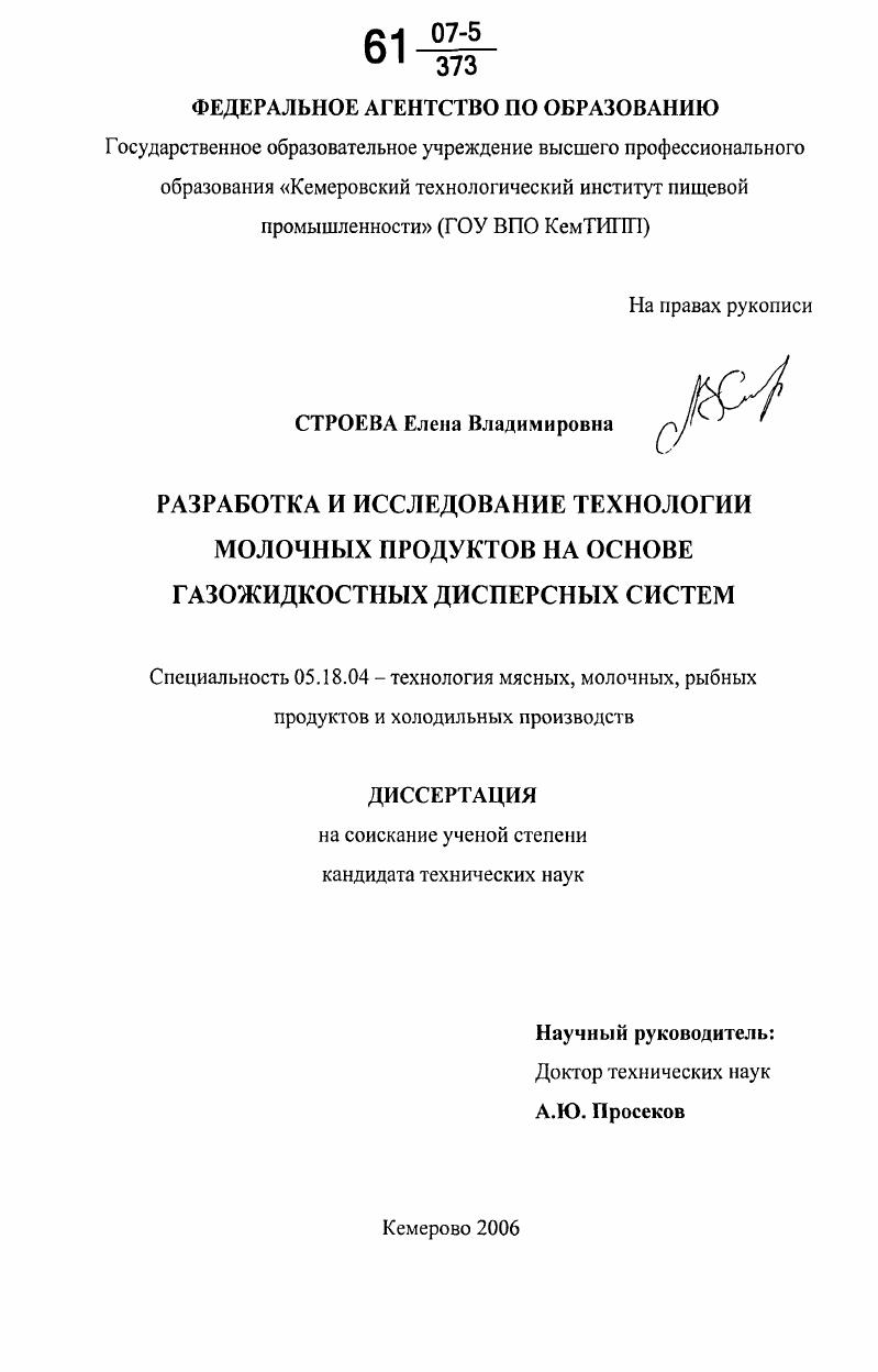 Разработка и исследование технологии молочных продуктов на основе газожидкостных дисперсных систем