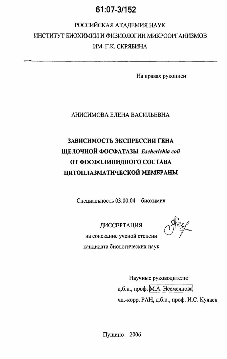 скачать диссертацию Зависимость экспрессии гена щелочной фосфатазы Escherichia coli от фосфолипидного состава цитоплазматической мембраны Зависимость экспрессии гена щелочной фосфатазы Escherichia coli от фосфолипидного состава цитоплазматической мембраны