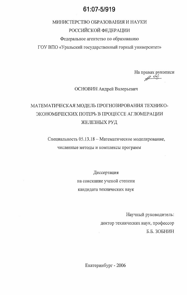 Математическая модель прогнозирования технико-экономических потерь в процессе агломерации железных руд
