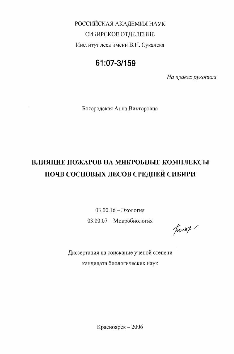 Влияние пожаров на микробные комплексы почв сосновых лесов Средней Сибири
