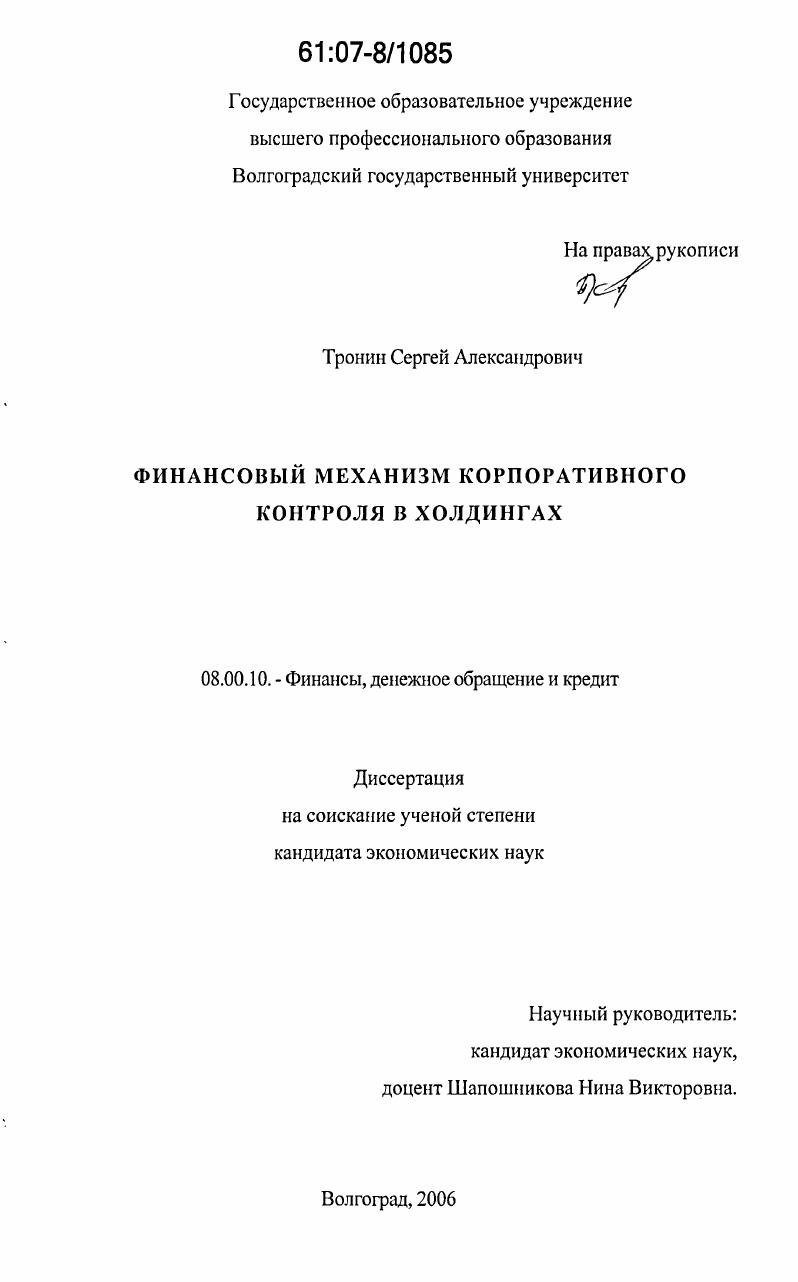 Финансовый механизм корпоративного контроля в холдингах
