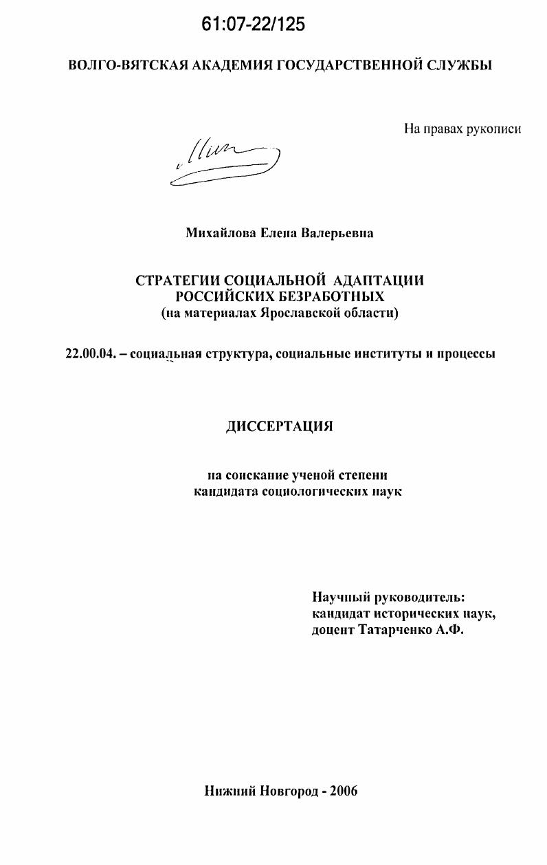 Стратегии социальной адаптации российских безработных : на материалах Ярославской области
