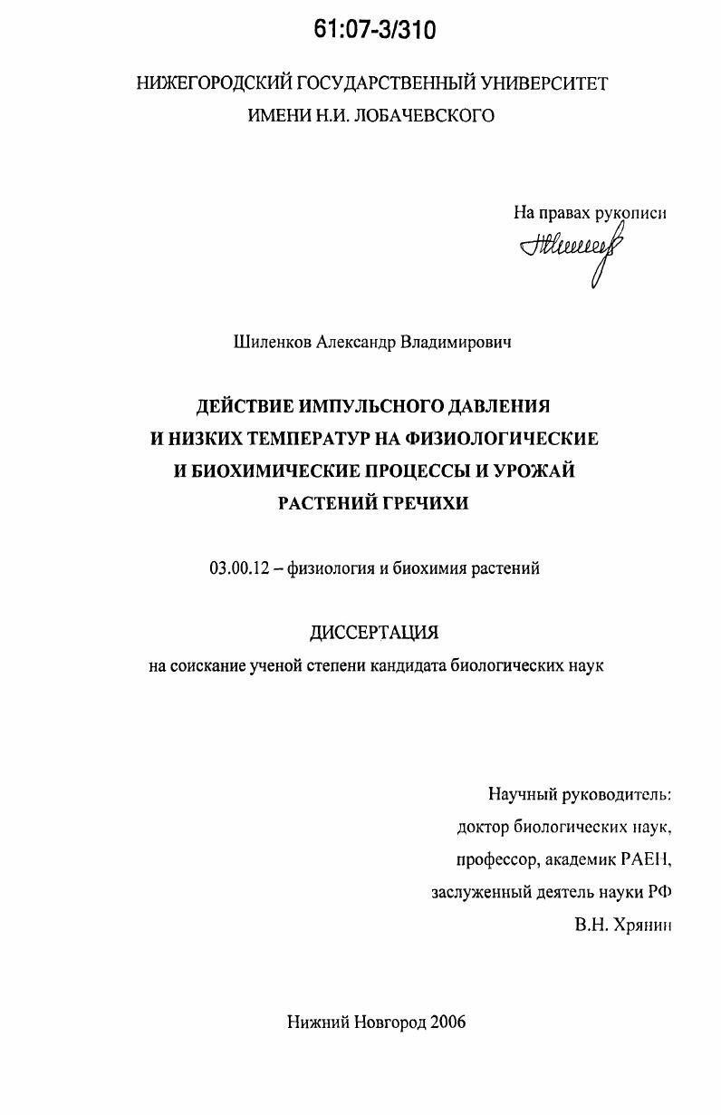 Действие импульсного давления и низких температур на физиологические и биохимические процессы и урожай растений гречихи