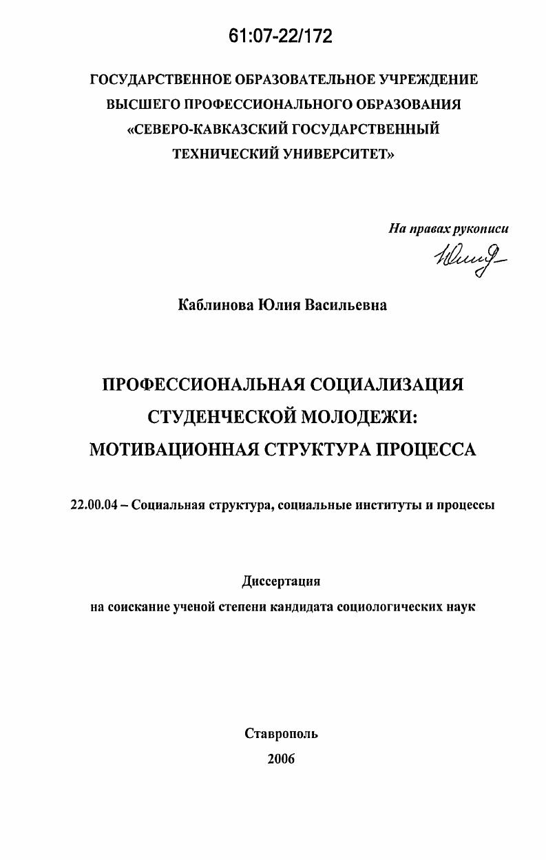 скачать диссертацию Профессиональная социализация студенческой молодежи: мотивационная структура процесса Профессиональная социализация студенческой молодежи: мотивационная структура процесса