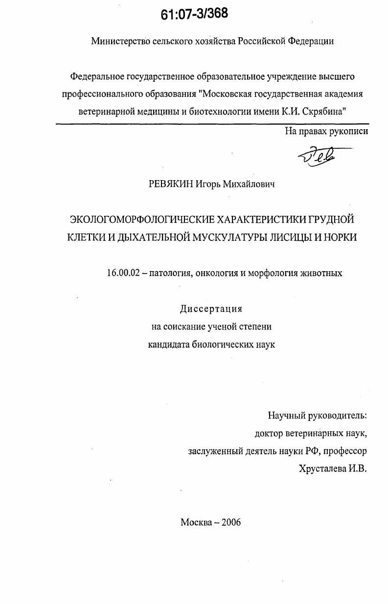 скачать диссертацию Экологоморфологические характеристики грудной клетки и дыхательной мускулатуры лисицы и норки Экологоморфологические характеристики грудной клетки и дыхательной мускулатуры лисицы и норки