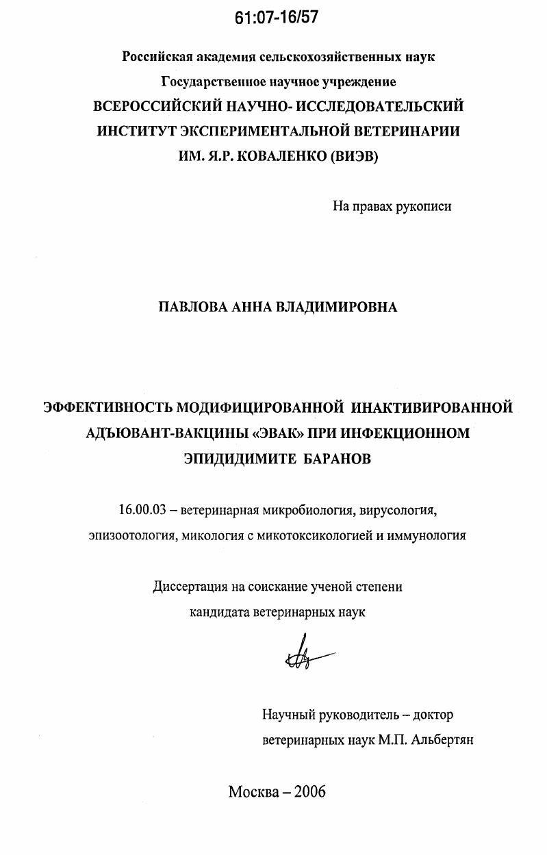 Эффективность модифицированной инактивированной адъювант-вакцины "ЭВАК" при инфекционном эпидидимите баранов