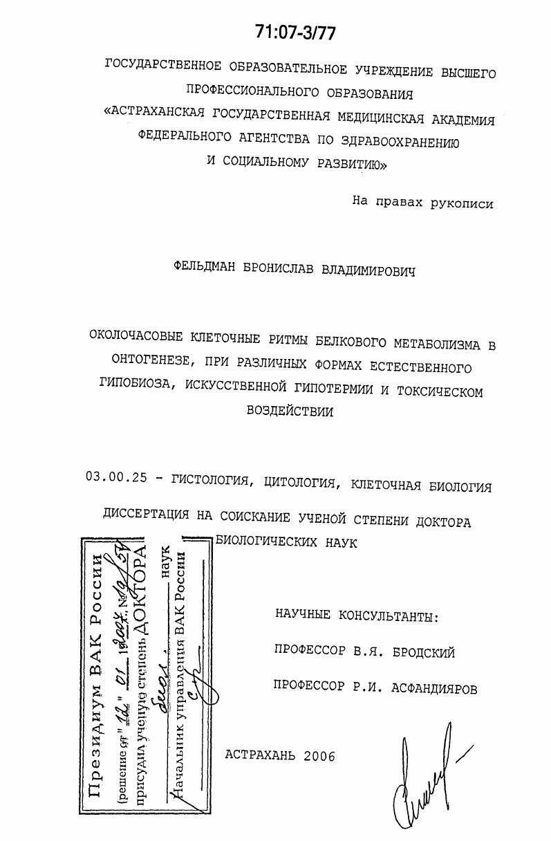 Околочасовые клеточные ритмы белкового метаболизма в онтогенезе, при различных формах естественного гипобиоза, искусственной гипотермии и токсическом воздействии
