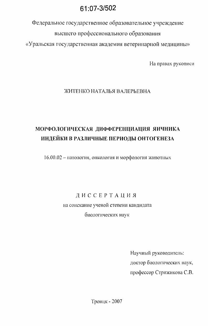 Морфологическая дифференциация яичника индейки в различные периоды онтогенеза