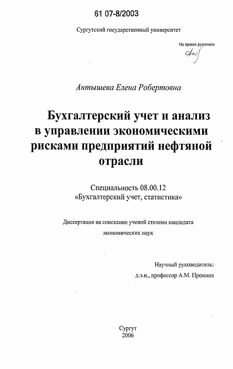 Бухгалтерский учет и анализ в управлении экономическими рисками предприятий нефтяной отрасли
