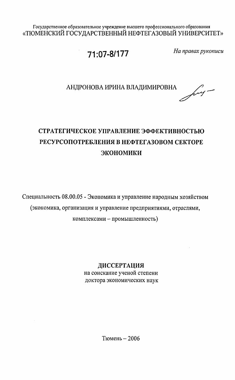 Стратегическое управление эффективностью ресурсопотребления в нефтегазовом секторе экономики