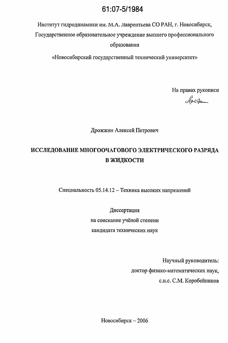 Исследование многоочагового электрического разряда в жидкости