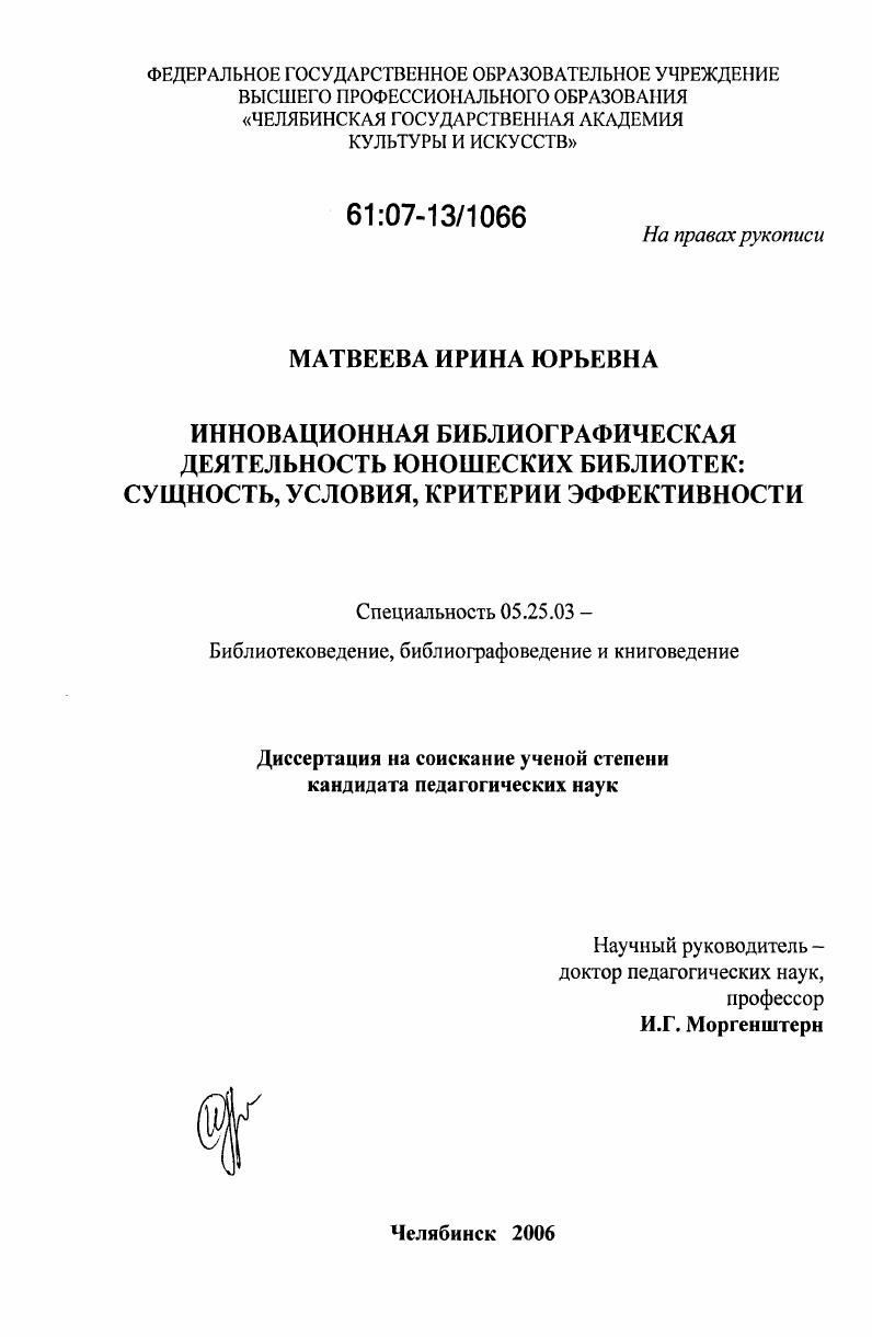Инновационная библиографическая деятельность юношеских библиотек : сущность, условия, критерии эффективности