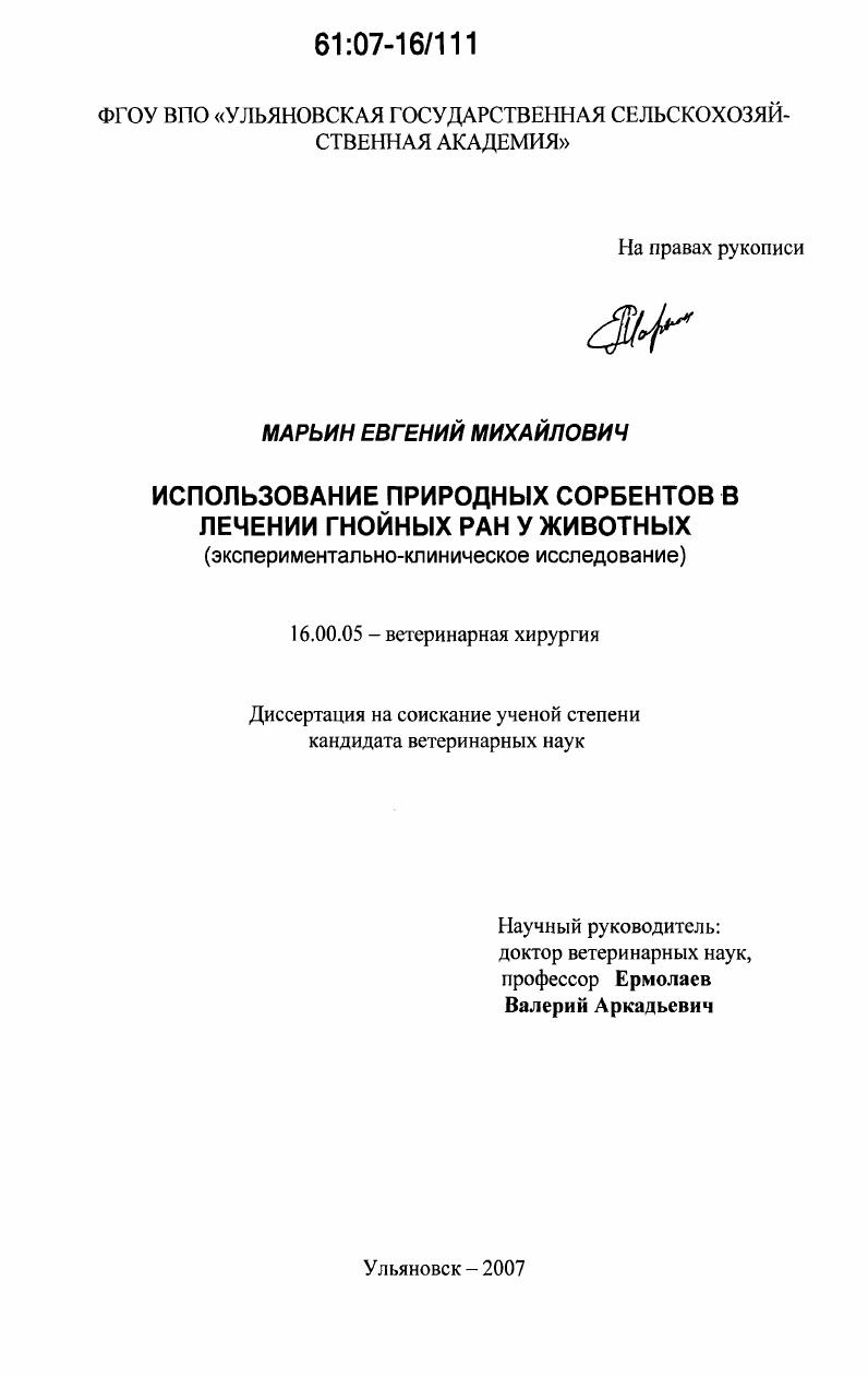Использование природных сорбентов в лечении гнойных ран у животных : экспериментально-клиническое исследование