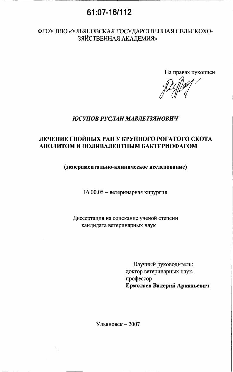 Лечение гнойных ран у крупного рогатого скота анолитом и поливалентным бактериофагом : экспериментально-клиническое исследование