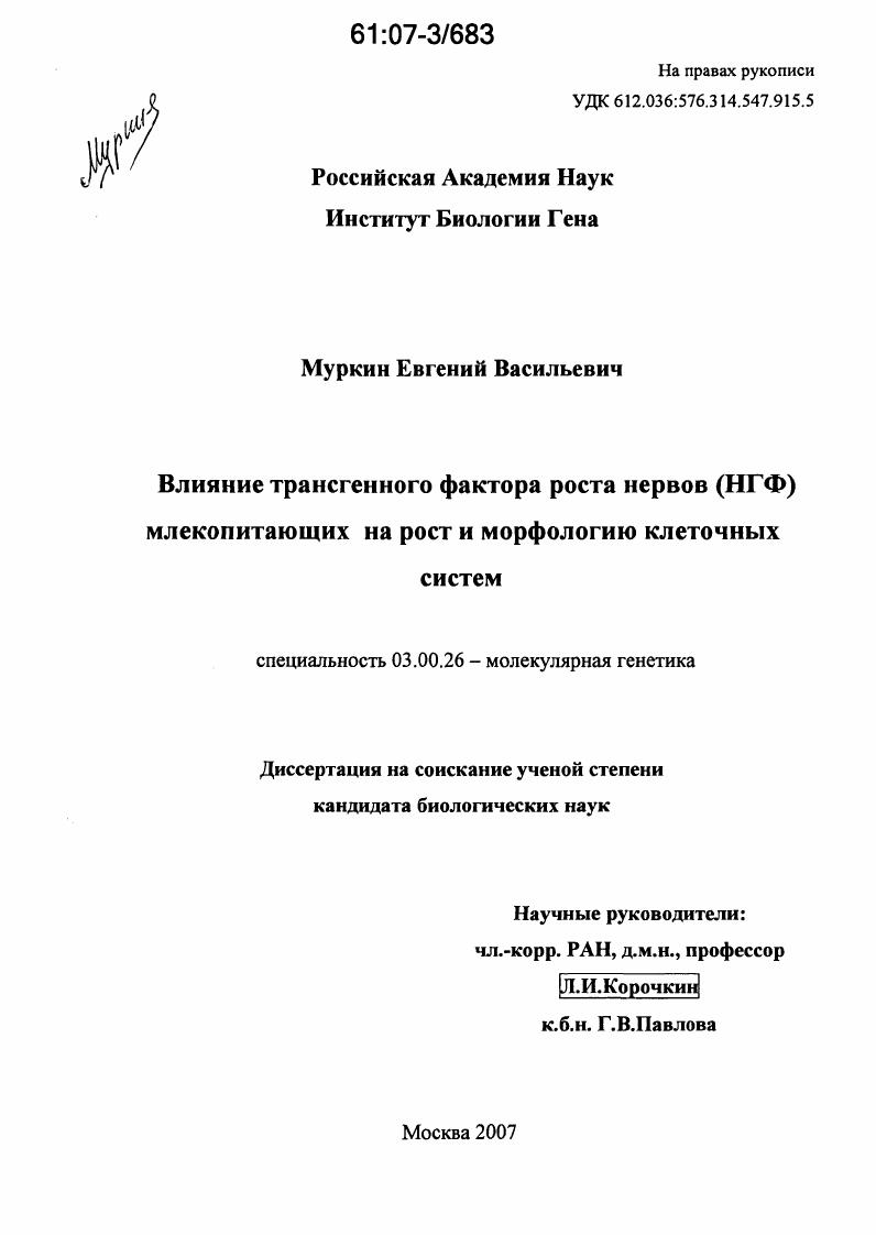 Влияние трансгенного фактора роста нервов (НГФ) млекопитающих на рост и морфологию клеточных систем