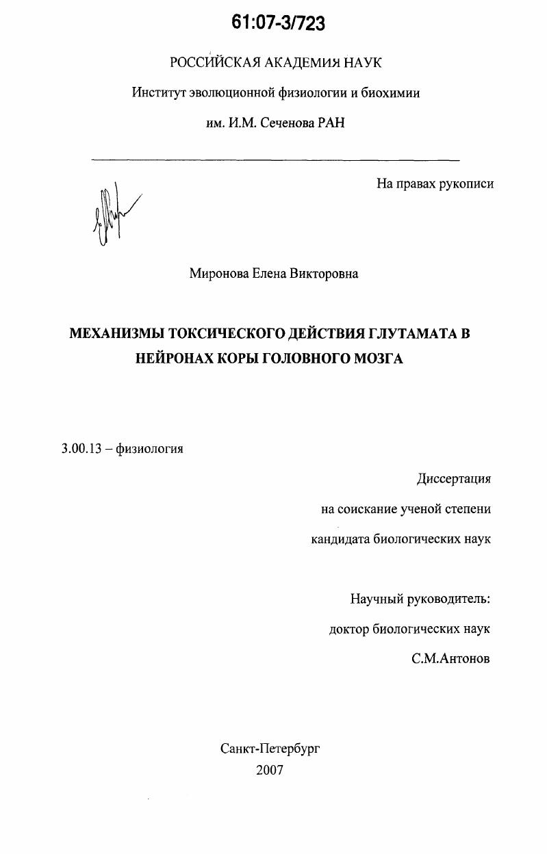 Механизмы токсического действия глутамата в нейронах коры головного мозга