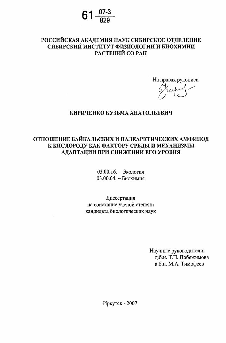 скачать диссертацию Отношение байкальских и палеарктических амфипод к кислороду как фактору среды и механизмы адаптации при снижении его уровня Отношение байкальских и палеарктических амфипод к кислороду как фактору среды и механизмы адаптации при снижении его уровня