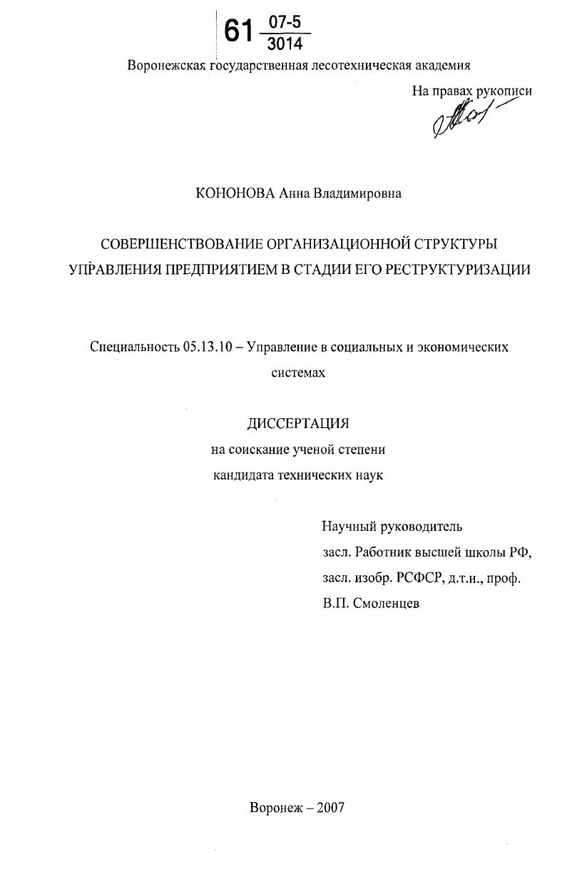 Совершенствование организационной структуры управления предприятием в стадии его реструктуризации