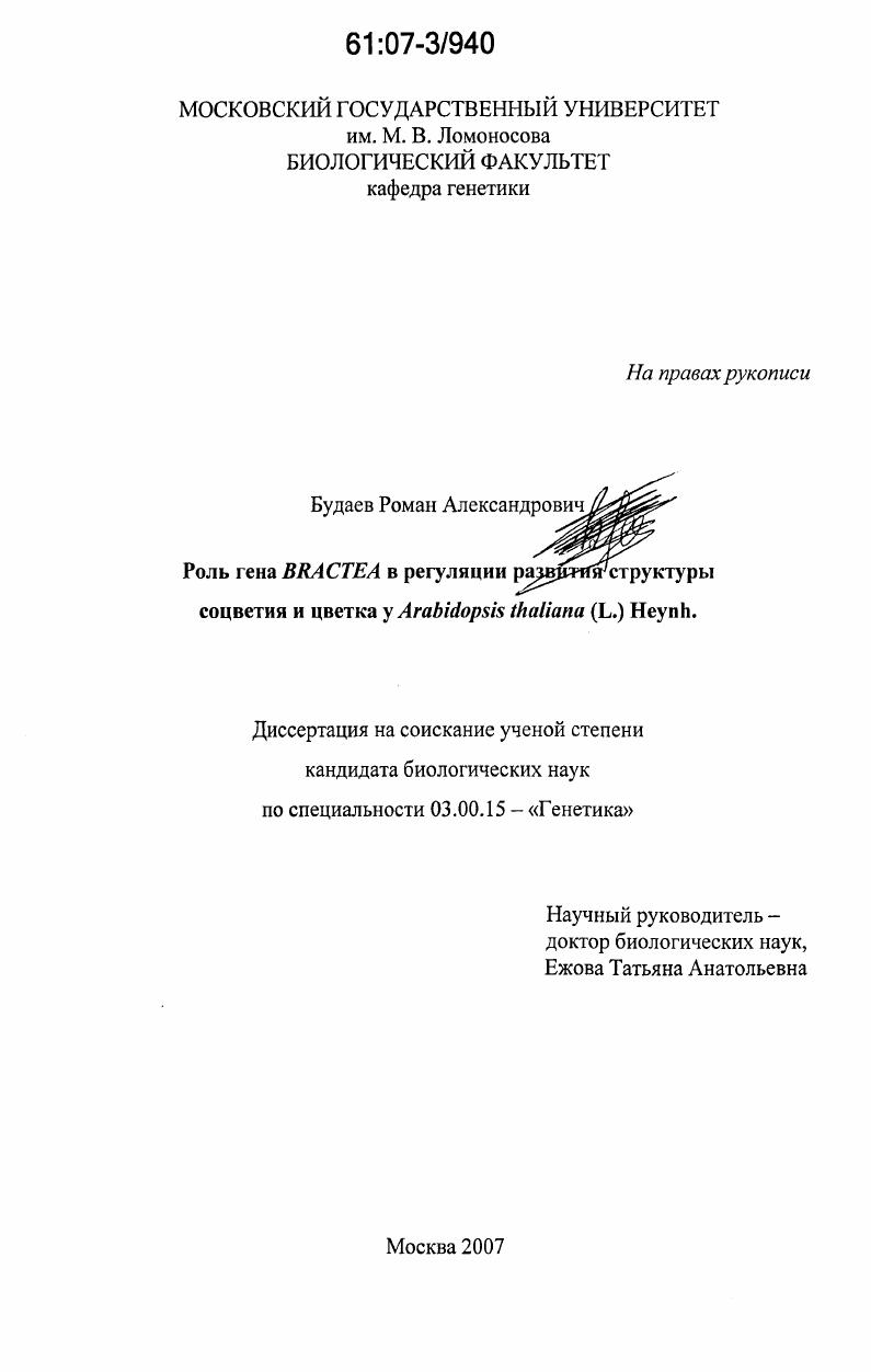 Роль гена Bractea в регуляции развития структуры соцветия и цветка у Arabidopsis thaliana (L.) Heynh